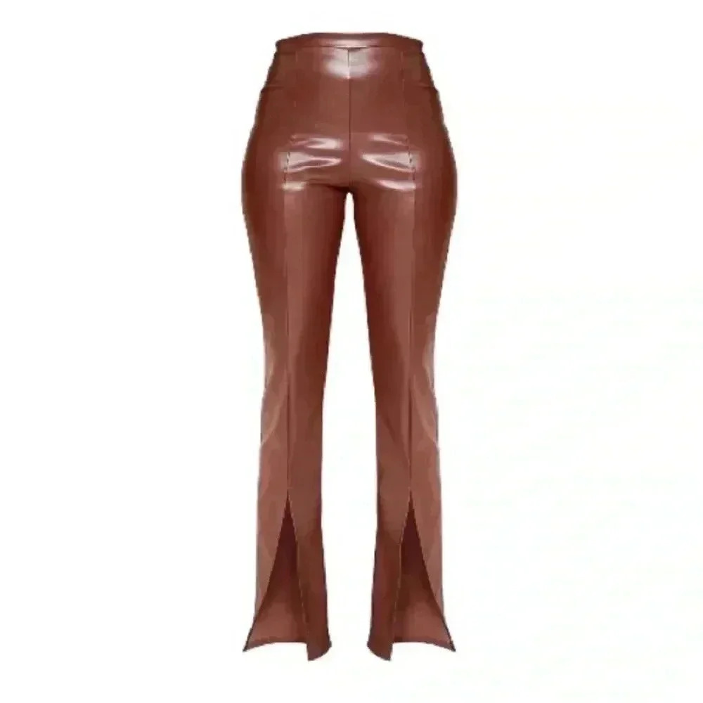 Pretty Little Thing Chocolate Faux Leather Seam Detail Split Hem Pants